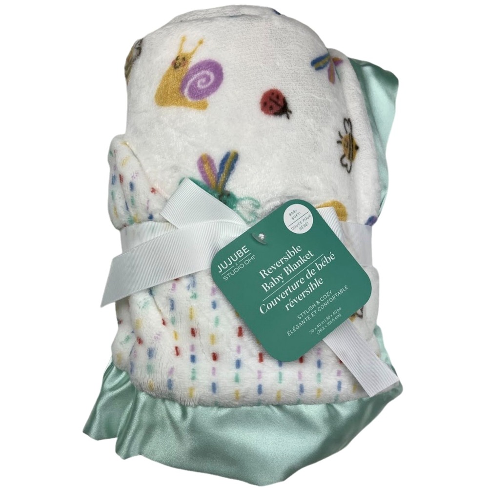 JuJuBe Love Bug Dotted Plush Baby Girl Blanket Satin Trim Green Garden Snail NWT